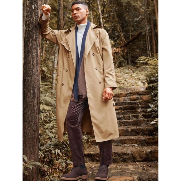 Mens Khaki  Double Breasted Belted Windbreaker Jackets Lapel Trench Coat - Picture 2 of 5